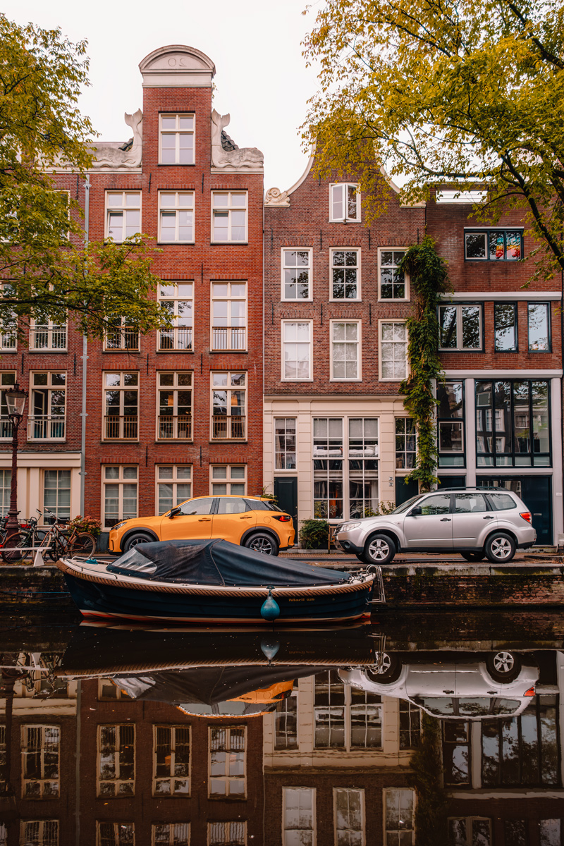 Amsterdam canal houses with reflections in the water
