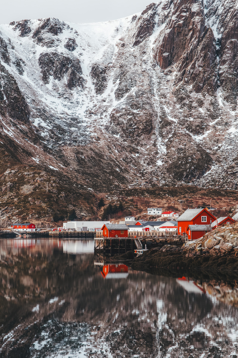 Fishing village with red cabins reflected in fjord water, Ballstad, Lofoten