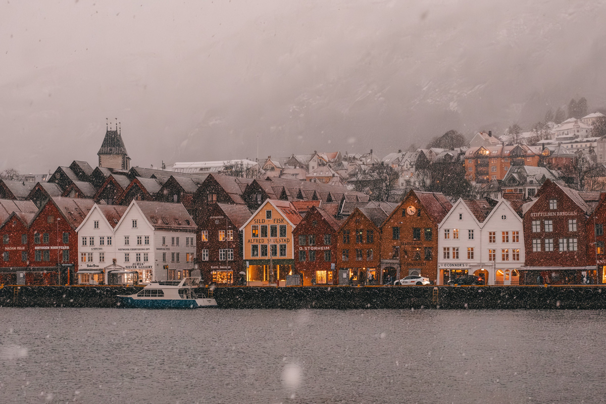 Bryggen wharf in falling snow, Bergen