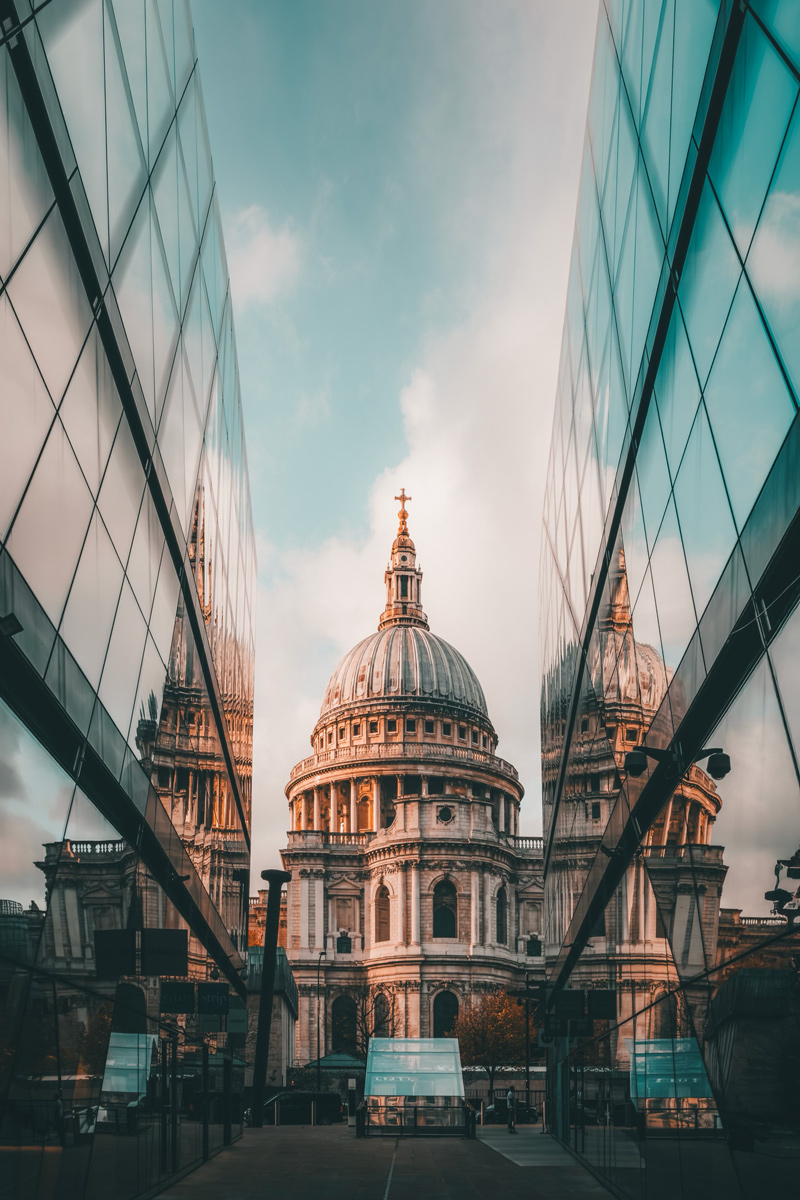 St Paul's Cathedral reflected in modern glass architecture, London